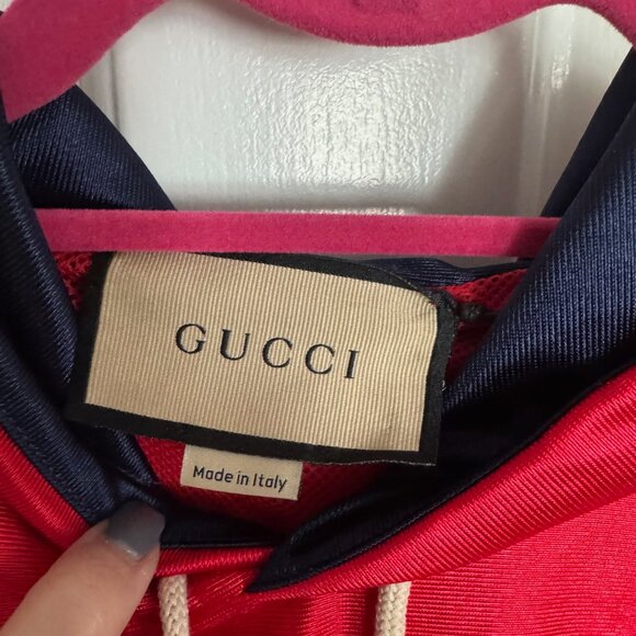 NWT Gucci Shiny Jersey Hooded Web Stripe Sweatshirt - Red - Picture 6 of 7